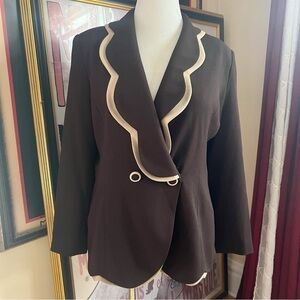 Champagne Italy Chocolate Brown Tan Scalloped Neck Edge One Button Blazer